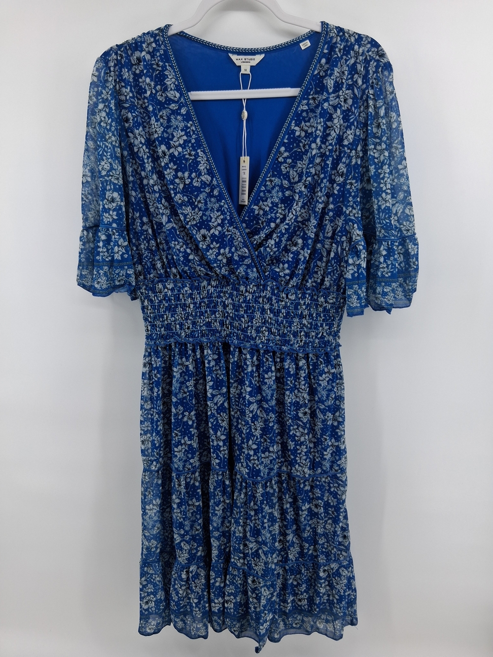 Max Studio Blue Floral Smocked Wrap Midi Dress